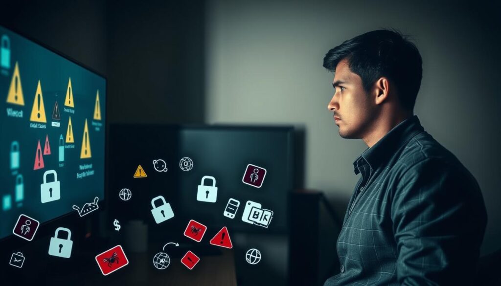 A visually striking composition illustrating the risks associated with illegal IPTV. In the foreground, a concerned individual in a smart casual outfit is gazing at a computer screen displaying warning signs and exclamation marks, symbolizing security threats. The middle layer features scattered icons representing various risks, such as a broken lock, malware images, and warning alerts, subtly blending into the environment. The background portrays a dimly lit room, emphasizing a tense atmosphere, with shadows creeping along a wall, hinting at the unseen dangers of illegal streaming. Soft, dramatic lighting draws attention to the foreground while creating an air of urgency and caution. The mood is serious and thought-provoking, inviting viewers to consider the implications of illegal IPTV. A visually striking composition illustrating the risks associated with illegal IPTV. In the foreground, a concerned individual in a smart casual outfit is gazing at a computer screen displaying warning signs and exclamation marks, symbolizing security threats. The middle layer features scattered icons representing various risks, such as a broken lock, malware images, and warning alerts, subtly blending into the environment. The background portrays a dimly lit room, emphasizing a tense atmosphere, with shadows creeping along a wall, hinting at the unseen dangers of illegal streaming. Soft, dramatic lighting draws attention to the foreground while creating an air of urgency and caution. The mood is serious and thought-provoking, inviting viewers to consider the implications of illegal IPTV.