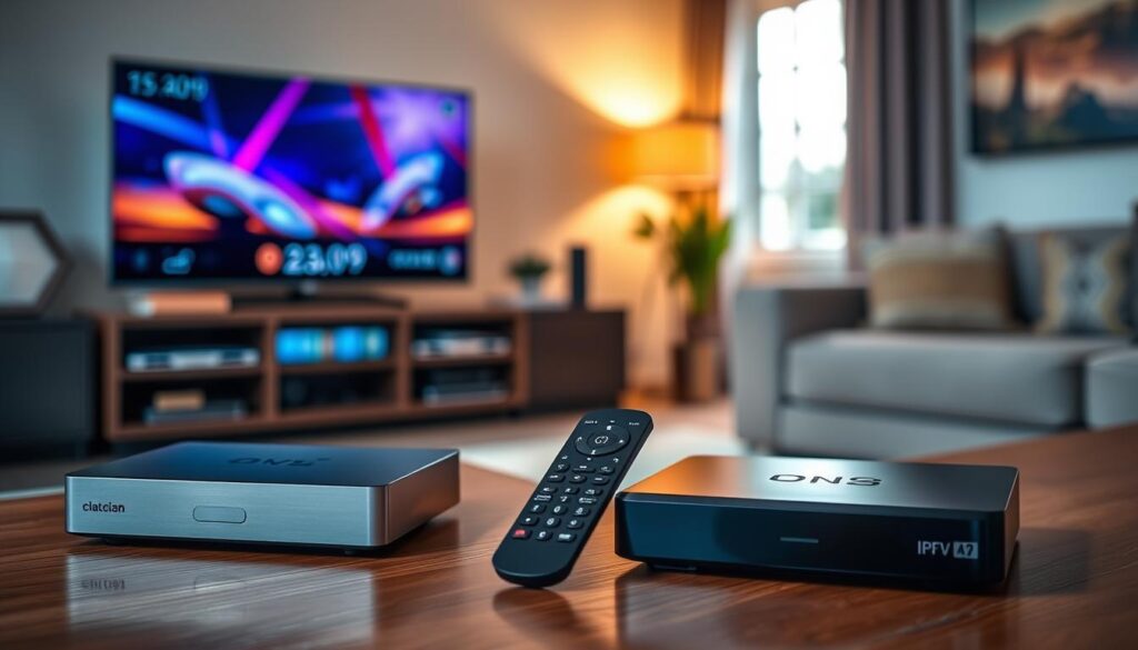 A visually striking composition showcasing the top IPTV 4K boxes available in France. In the foreground, feature three to four sleek, modern IPTV devices, each uniquely designed and labeled with subtle, elegant branding. The middle ground includes dynamic elements like a stylish remote control next to a high-definition television displaying vibrant colors, symbolizing excellent viewing experiences. In the background, softly blurred living room decor enhances a tech-savvy home atmosphere with warm ambient lighting, creating a welcoming and sophisticated mood. Use natural daylight coming from a window to illuminate the scene, highlighting the devices' reflective surfaces and design details. Capture the image from a slightly elevated angle to provide an appealing perspective that draws the viewer's interest. A visually striking composition showcasing the top IPTV 4K boxes available in France. In the foreground, feature three to four sleek, modern IPTV devices, each uniquely designed and labeled with subtle, elegant branding. The middle ground includes dynamic elements like a stylish remote control next to a high-definition television displaying vibrant colors, symbolizing excellent viewing experiences. In the background, softly blurred living room decor enhances a tech-savvy home atmosphere with warm ambient lighting, creating a welcoming and sophisticated mood. Use natural daylight coming from a window to illuminate the scene, highlighting the devices' reflective surfaces and design details. Capture the image from a slightly elevated angle to provide an appealing perspective that draws the viewer's interest.
