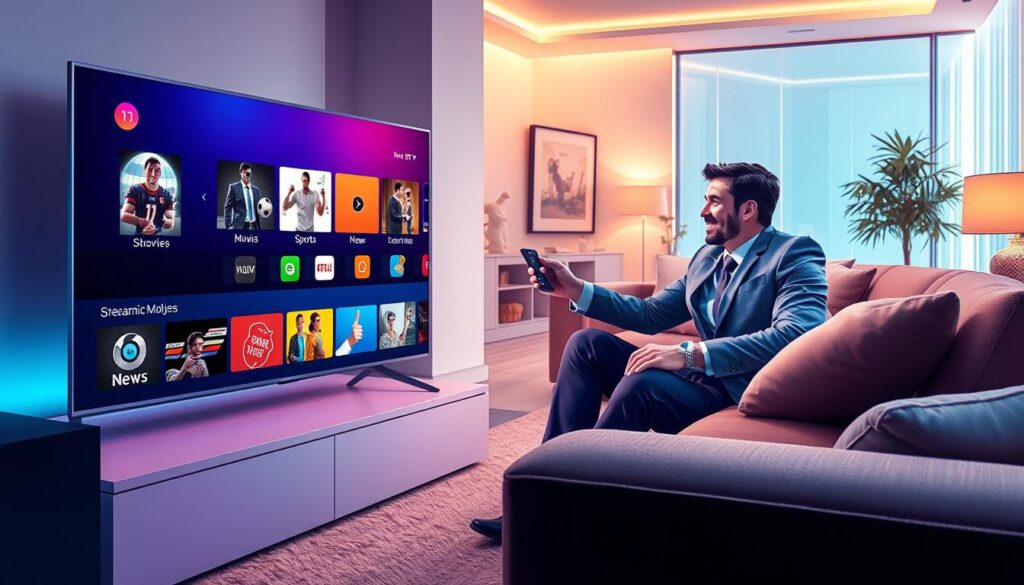 A visually striking digital illustration depicting the key features of TREX IPTV. In the foreground, a sleek, modern television screen showcases a vibrant user interface displaying various streaming categories—movies, sports, and news—all highlighted with colorful icons. In the middle ground, a well-dressed professional sitting on a comfortable couch interacts with a remote control, exuding confidence and satisfaction. The background features a contemporary living room setting, with stylish decor and soft ambient lighting that conveys a warm atmosphere. The overall mood is inviting and tech-savvy, emphasizing innovation and ease of use. The composition uses a slightly tilted angle to enhance the dynamic feel, creating a cutting-edge look without any text or branding elements. A visually striking digital illustration depicting the key features of TREX IPTV. In the foreground, a sleek, modern television screen showcases a vibrant user interface displaying various streaming categories—movies, sports, and news—all highlighted with colorful icons. In the middle ground, a well-dressed professional sitting on a comfortable couch interacts with a remote control, exuding confidence and satisfaction. The background features a contemporary living room setting, with stylish decor and soft ambient lighting that conveys a warm atmosphere. The overall mood is inviting and tech-savvy, emphasizing innovation and ease of use. The composition uses a slightly tilted angle to enhance the dynamic feel, creating a cutting-edge look without any text or branding elements.