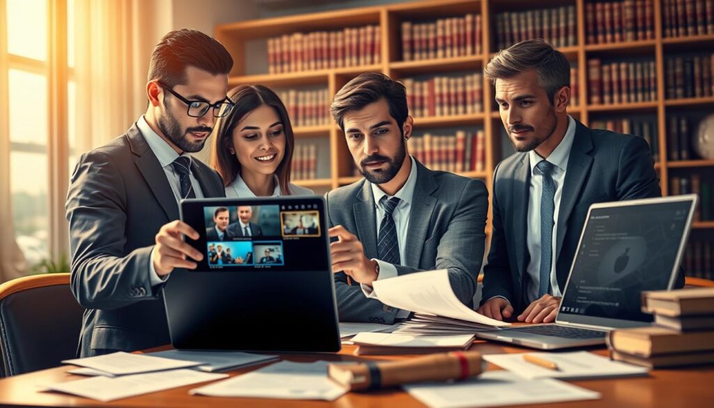 A visually striking illustration depicting legal precautions for IPTV usage. In the foreground, a diverse group of three individuals—two men and one woman—dressed in professional business attire, are closely examining a tablet that displays a streaming interface. Their expressions are focused and engaged in discussion, symbolizing careful consideration of IPTV's legal aspects. The middle ground features a desk cluttered with documents, legal texts, and a laptop displaying security measures. In the background, a softly illuminated room with a bookshelf filled with legal books creates an academic atmosphere. Use warm, inviting lighting to foster a sense of professionalism and alertness. The image should convey a serious mood, emphasizing the importance of safe and legal IPTV use without any distractions. A visually striking illustration depicting legal precautions for IPTV usage. In the foreground, a diverse group of three individuals—two men and one woman—dressed in professional business attire, are closely examining a tablet that displays a streaming interface. Their expressions are focused and engaged in discussion, symbolizing careful consideration of IPTV's legal aspects. The middle ground features a desk cluttered with documents, legal texts, and a laptop displaying security measures. In the background, a softly illuminated room with a bookshelf filled with legal books creates an academic atmosphere. Use warm, inviting lighting to foster a sense of professionalism and alertness. The image should convey a serious mood, emphasizing the importance of safe and legal IPTV use without any distractions.