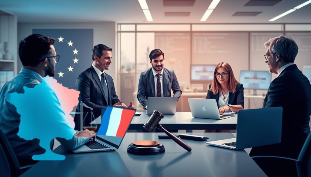 A visually striking illustration depicting the theme of IPTV security and legality in France. In the foreground, a diverse group of professionals—two men and one woman—dressed in smart business attire, are engaged in a discussion around a modern table with laptops and digital devices displaying secure IPTV applications. The middle ground features abstract representations of legal symbols, like the French flag and a gavel, symbolizing compliance and legislation. In the background, a stylish office space with soft lighting creates a professional atmosphere, hinting at digital connectivity with screens displaying encrypted data. The overall mood is informative and serious, emphasizing the importance of safety and best practices in IPTV use.