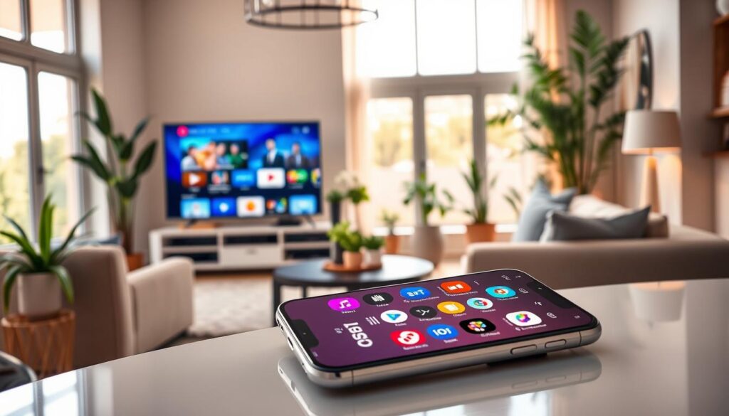 A visually striking illustration showcasing the best free IPTV applications in France for 2024. In the foreground, display a modern smartphone lying on a sleek, contemporary table, with vibrant app icons representing different IPTV services. In the middle ground, an elegant living room with a stylish television displaying a colorful streaming interface, surrounded by lush indoor plants, evokes a cozy viewing atmosphere. In the background, soft daylight filters in through large windows, casting warm, inviting shadows. Use a wide-angle perspective to create depth, emphasizing a relaxed yet modern lifestyle engaged in entertainment. The overall mood should be relaxed and inviting, celebrating the convenience of streaming entertainment. A visually striking illustration showcasing the best free IPTV applications in France for 2024. In the foreground, display a modern smartphone lying on a sleek, contemporary table, with vibrant app icons representing different IPTV services. In the middle ground, an elegant living room with a stylish television displaying a colorful streaming interface, surrounded by lush indoor plants, evokes a cozy viewing atmosphere. In the background, soft daylight filters in through large windows, casting warm, inviting shadows. Use a wide-angle perspective to create depth, emphasizing a relaxed yet modern lifestyle engaged in entertainment. The overall mood should be relaxed and inviting, celebrating the convenience of streaming entertainment.