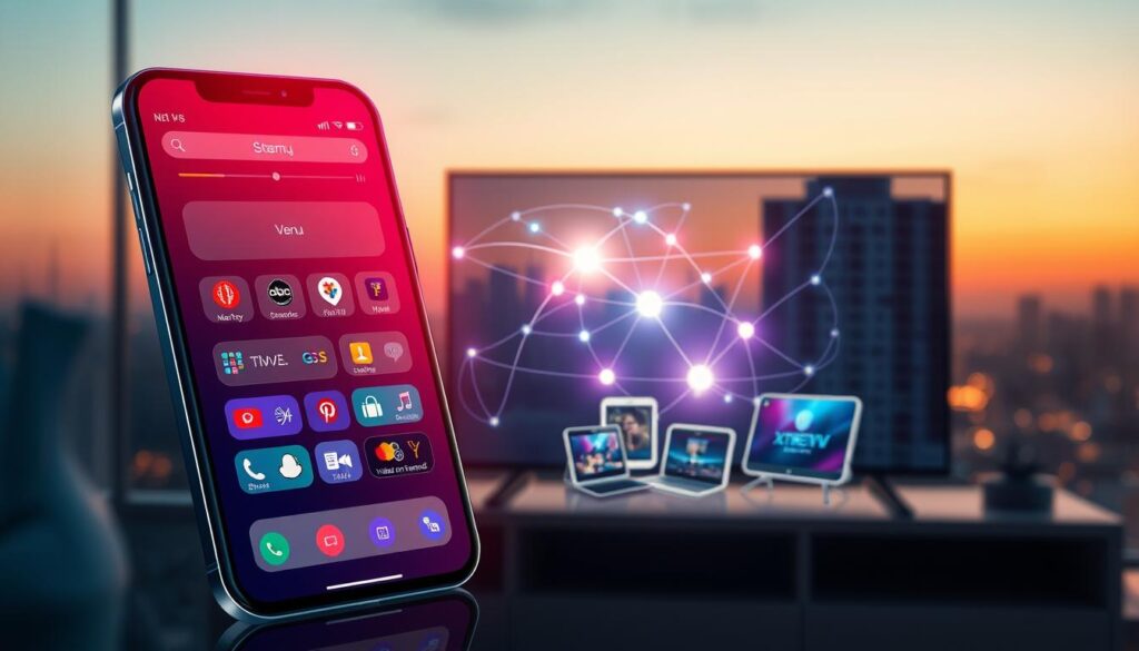 A visually striking illustration showcasing the essential features of Xtream IPTV applications. In the foreground, display a sleek smartphone with a vibrant interface highlighting various app functionalities, including a user-friendly menu, live TV streaming options, and video on demand. In the middle layer, include an abstract representation of a network, symbolizing seamless streaming and connectivity, with bright, dynamic lines connecting various devices like tablets and smart TVs. In the background, a soft-focus urban landscape at dusk, with warm lighting reflecting the idea of comfort and entertainment at home. The scene should evoke an innovative, tech-savvy mood, perfect for an audience interested in advanced streaming solutions. Use dramatic lighting to emphasize the tech elements, giving a polished and modern feel to the overall composition. A visually striking illustration showcasing the essential features of Xtream IPTV applications. In the foreground, display a sleek smartphone with a vibrant interface highlighting various app functionalities, including a user-friendly menu, live TV streaming options, and video on demand. In the middle layer, include an abstract representation of a network, symbolizing seamless streaming and connectivity, with bright, dynamic lines connecting various devices like tablets and smart TVs. In the background, a soft-focus urban landscape at dusk, with warm lighting reflecting the idea of comfort and entertainment at home. The scene should evoke an innovative, tech-savvy mood, perfect for an audience interested in advanced streaming solutions. Use dramatic lighting to emphasize the tech elements, giving a polished and modern feel to the overall composition.