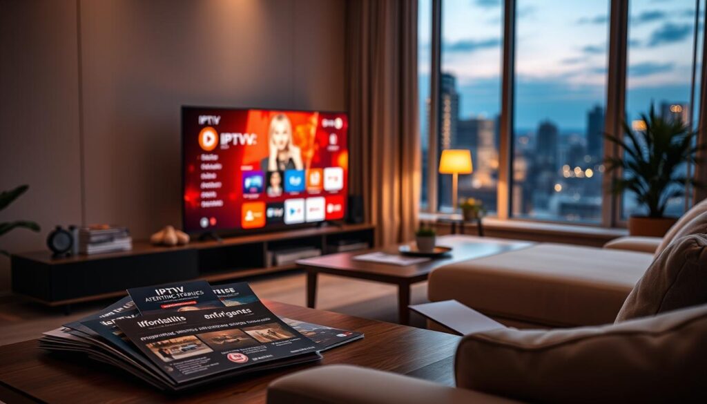 A visually striking representation of the "best IPTV offers 2026," featuring a sleek, modern home entertainment setup in the foreground. A high-end smart TV displays a glowing IPTV interface with vibrant icons and streaming options. To the left, a stylish coffee table showcases various IPTV subscription pamphlets, emphasizing affordability and value. The middle ground includes a cozy living room with contemporary furniture, with a warm, inviting atmosphere illuminated by soft, ambient lighting. In the background, a window reveals a serene urban landscape at dusk, casting a gentle twilight glow. The composition should evoke a sense of excitement and anticipation for the future of IPTV services, with a focus on innovation and user experience. Use a slightly elevated angle to capture the full essence of the space. A visually striking representation of the "best IPTV offers 2026," featuring a sleek, modern home entertainment setup in the foreground. A high-end smart TV displays a glowing IPTV interface with vibrant icons and streaming options. To the left, a stylish coffee table showcases various IPTV subscription pamphlets, emphasizing affordability and value. The middle ground includes a cozy living room with contemporary furniture, with a warm, inviting atmosphere illuminated by soft, ambient lighting. In the background, a window reveals a serene urban landscape at dusk, casting a gentle twilight glow. The composition should evoke a sense of excitement and anticipation for the future of IPTV services, with a focus on innovation and user experience. Use a slightly elevated angle to capture the full essence of the space.
