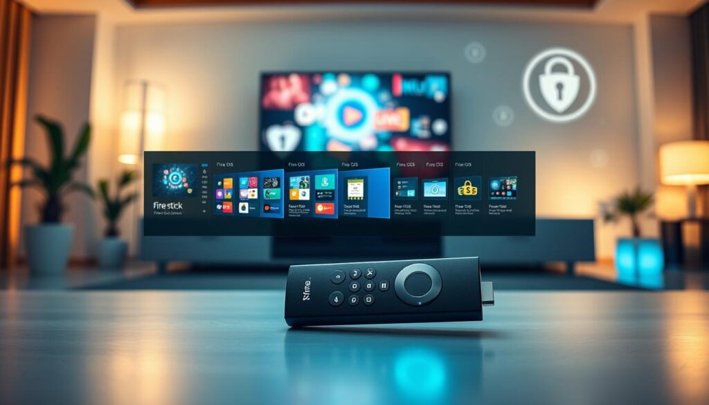 A visually striking representation of the evolution of the Fire Stick system, focusing on the transition from Fire OS to Vega. In the foreground, showcase a sleek, modern Fire Stick device with a glowing interface displaying key features. The middle layer features a dynamic timeline showcasing various versions of Fire OS, illustrated as digital screens lined up like windows, each evolving with vibrant colors and icons reflecting app compatibility, user interface changes, and security upgrades. The background presents a futuristic living room setting, subtly illuminated, with abstract representations of digital security, such as shields and locks. Use bright, warm lighting to create a positive atmosphere, with a slight depth of field to emphasize the Fire Stick in focus while gently blurring the background elements, suggesting a seamless integration of technology into everyday life.