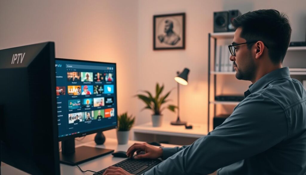 A well-lit home office featuring a sleek computer setup with a large monitor displaying an IPTV interface, showcasing vibrant channels and a user-friendly navigation menu. In the foreground, a person in professional attire is intently adjusting settings on the computer, focused on optimizing their viewing experience. The middle layer includes an organized workspace with modern design elements, such as a potted plant and a stylish desk lamp casting warm light. In the background, a shelf with technology-related books and equipment adds depth. The atmosphere is one of productivity and modernity, with a soft glow illuminating the scene, emphasizing a sense of ease and efficiency in enjoying live television. A well-lit home office featuring a sleek computer setup with a large monitor displaying an IPTV interface, showcasing vibrant channels and a user-friendly navigation menu. In the foreground, a person in professional attire is intently adjusting settings on the computer, focused on optimizing their viewing experience. The middle layer includes an organized workspace with modern design elements, such as a potted plant and a stylish desk lamp casting warm light. In the background, a shelf with technology-related books and equipment adds depth. The atmosphere is one of productivity and modernity, with a soft glow illuminating the scene, emphasizing a sense of ease and efficiency in enjoying live television.