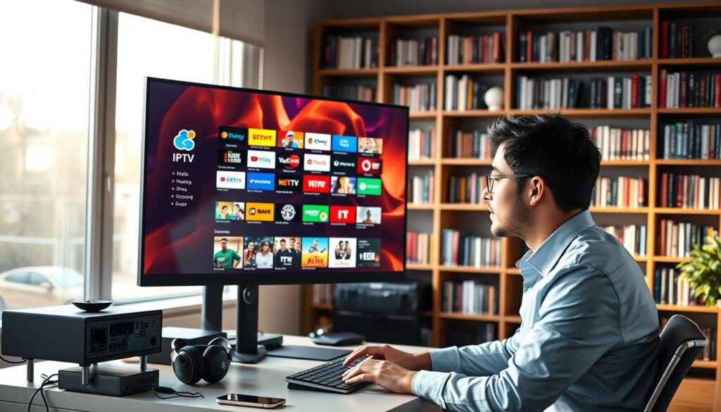 A well-lit, modern workspace featuring a sleek Windows computer screen displaying a vibrant IPTV interface filled with colorful channels and categories. In the foreground, a professional person in smart casual attire is engaged with the system, using a keyboard and mouse, with a look of concentration. The middle layer includes a stylish desk with streaming equipment, headphones, and a smartphone. In the background, a stylish bookshelf filled with tech books and a large window allowing natural light to stream in, creating a warm and inviting atmosphere. Soft, focused lighting highlights the screen and the person, evoking a productive and tech-savvy environment. The overall mood is dynamic and innovative, showcasing the best IPTV solutions for Windows. A well-lit, modern workspace featuring a sleek Windows computer screen displaying a vibrant IPTV interface filled with colorful channels and categories. In the foreground, a professional person in smart casual attire is engaged with the system, using a keyboard and mouse, with a look of concentration. The middle layer includes a stylish desk with streaming equipment, headphones, and a smartphone. In the background, a stylish bookshelf filled with tech books and a large window allowing natural light to stream in, creating a warm and inviting atmosphere. Soft, focused lighting highlights the screen and the person, evoking a productive and tech-savvy environment. The overall mood is dynamic and innovative, showcasing the best IPTV solutions for Windows.