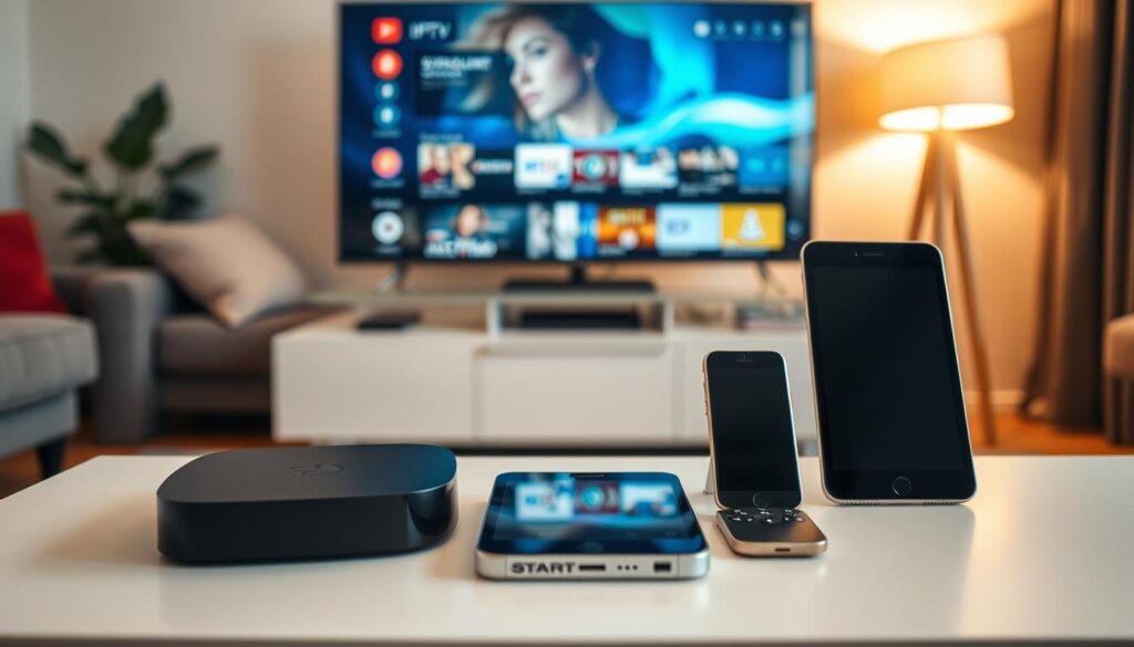 A well-organized living room that showcases various IPTV compatible devices, including a smart TV, streaming box, tablet, and smartphone, all arranged on a sleek media console. In the foreground, the TV screen displays a vibrant interface of streaming content. The middle ground features the devices with subtle reflections, hinting at their modern design. The background is a soft-focus view of a stylish room with cozy furnishings, warm ambient lighting emitted from a floor lamp, creating a welcoming atmosphere. The scene is captured from a slightly elevated angle, emphasizing the devices and how they integrate seamlessly into the living environment, inviting viewers to imagine their own IPTV experience. A well-organized living room that showcases various IPTV compatible devices, including a smart TV, streaming box, tablet, and smartphone, all arranged on a sleek media console. In the foreground, the TV screen displays a vibrant interface of streaming content. The middle ground features the devices with subtle reflections, hinting at their modern design. The background is a soft-focus view of a stylish room with cozy furnishings, warm ambient lighting emitted from a floor lamp, creating a welcoming atmosphere. The scene is captured from a slightly elevated angle, emphasizing the devices and how they integrate seamlessly into the living environment, inviting viewers to imagine their own IPTV experience.