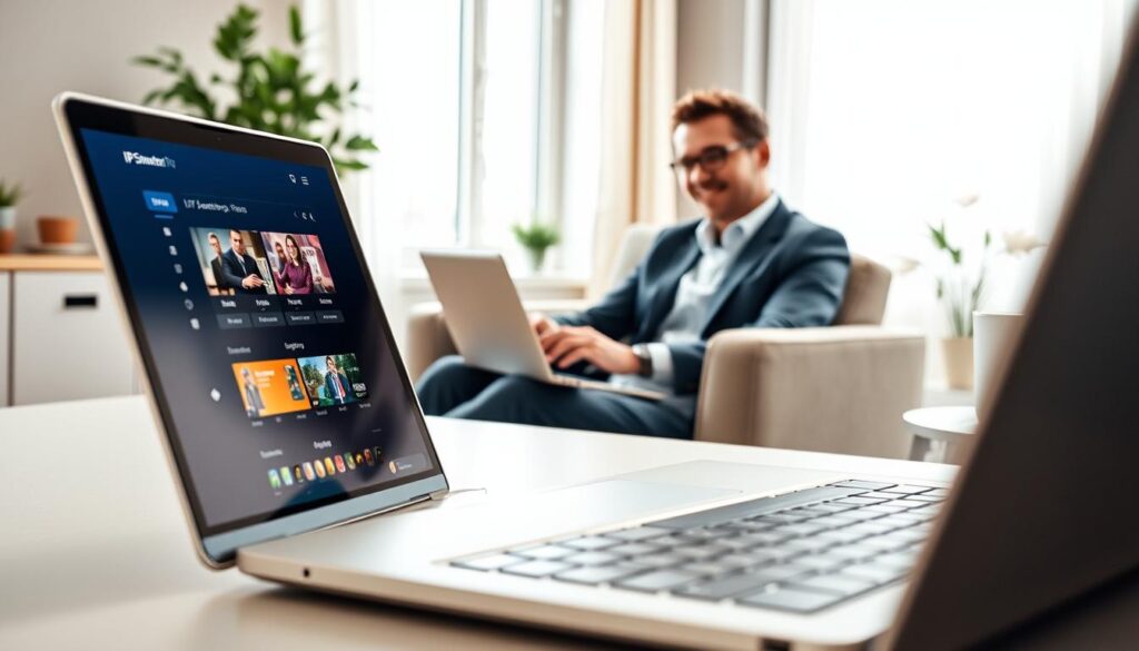 A well-organized workspace showcasing a laptop displaying the IPTV Smarters Pro interface, emphasizing a smooth streaming experience. In the foreground, the laptop screen highlights an image of the user-friendly app. In the middle ground, a professional individual in smart casual attire is sitting comfortably while using the laptop, exuding focus and satisfaction. The background features a bright, airy room with soft, natural lighting coming through a nearby window, enhancing the inviting atmosphere. Subtle elements like a cozy plant and a coffee cup can be seen to add warmth. The overall mood is calm and productive, reflecting an optimal user experience with IPTV technology. A well-organized workspace showcasing a laptop displaying the IPTV Smarters Pro interface, emphasizing a smooth streaming experience. In the foreground, the laptop screen highlights an image of the user-friendly app. In the middle ground, a professional individual in smart casual attire is sitting comfortably while using the laptop, exuding focus and satisfaction. The background features a bright, airy room with soft, natural lighting coming through a nearby window, enhancing the inviting atmosphere. Subtle elements like a cozy plant and a coffee cup can be seen to add warmth. The overall mood is calm and productive, reflecting an optimal user experience with IPTV technology.