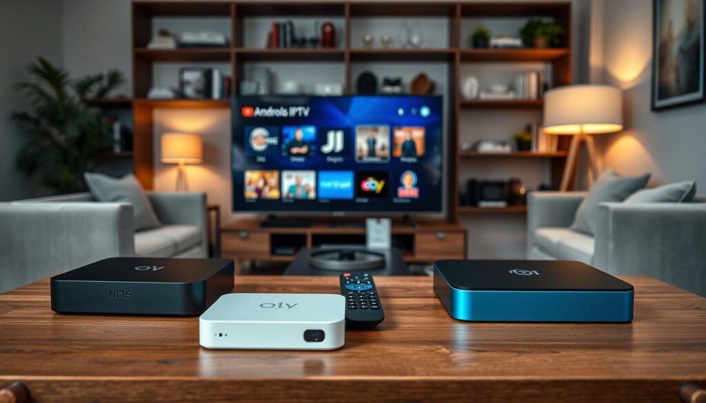 An assortment of Android IPTV boxes displayed on a sleek, modern wooden table. In the foreground, focus on three distinct boxes with varied designs, showcasing their different shapes and colors, such as matte black, glossy white, and a vibrant steel blue. In the middle ground, include a high-tech remote control and a television screen displaying an interactive user interface for selecting streaming options. The background consists of a stylish living room setup with soft, ambient lighting that emphasizes a cozy atmosphere, including a plush sofa, a decorative lamp, and shelves filled with books and tech gadgets. Use a slightly lower angle to create depth, capturing the essence of modern home entertainment. The overall mood is functional yet inviting, suitable for users exploring their IPTV options. An assortment of Android IPTV boxes displayed on a sleek, modern wooden table. In the foreground, focus on three distinct boxes with varied designs, showcasing their different shapes and colors, such as matte black, glossy white, and a vibrant steel blue. In the middle ground, include a high-tech remote control and a television screen displaying an interactive user interface for selecting streaming options. The background consists of a stylish living room setup with soft, ambient lighting that emphasizes a cozy atmosphere, including a plush sofa, a decorative lamp, and shelves filled with books and tech gadgets. Use a slightly lower angle to create depth, capturing the essence of modern home entertainment. The overall mood is functional yet inviting, suitable for users exploring their IPTV options.