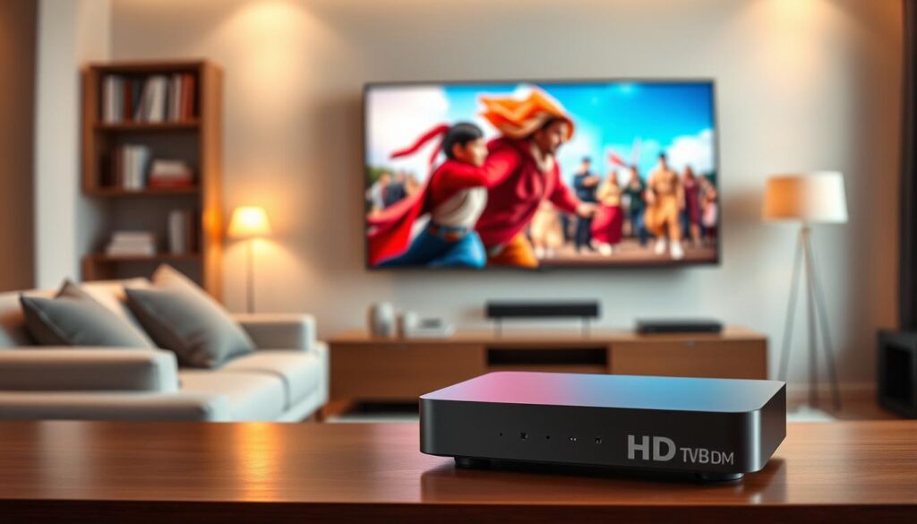 An elegant and modern Xiaomi IPTV box displayed prominently in the foreground, showcasing its sleek design and high-tech features. The device is turned on, streaming a vibrant and clear HD image, displaying a colorful scene from a popular movie. In the middle ground, a stylish living room setting with a comfortable couch, a large flat-screen TV, and soft ambient lighting creates a cozy atmosphere. The background features a softly blurred view of a modern entertainment shelf with neatly arranged books and decorative items. The lighting is warm and inviting, enhancing the image quality and giving a sense of high performance. Capture this scene from a slightly elevated angle to showcase the IPTV box in action, inviting viewers to envision the experience of using this device.