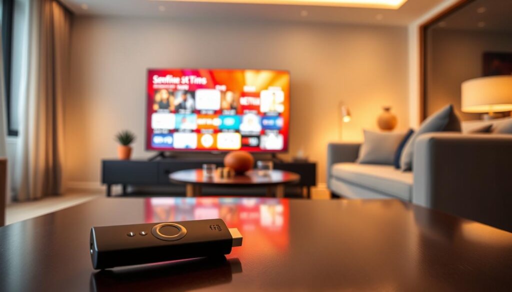 An elegantly designed living room featuring a coffee table with an Amazon Fire Stick remote control, showcasing the sleek device connected to a modern flat-screen TV displaying a vibrant streaming interface. In the foreground, the remote control is placed prominently, highlighting its voice command feature with subtle glowing accents indicating active use. The middle ground reveals the television screen showcasing a colorful array of popular streaming applications, creating an inviting atmosphere for entertainment. In the background, soft ambient lighting enhances the cozy environment, while a stylish sofa and decorative elements complete the scene. The overall mood is relaxed and tech-savvy, embodying a seamless user experience with innovative streaming technology.
