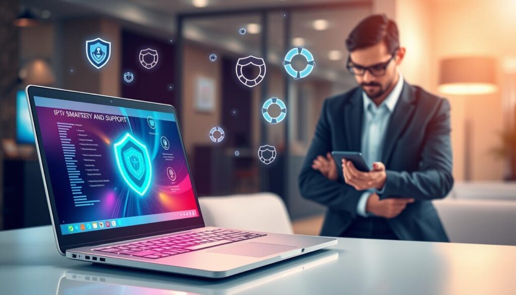 An illustration showcasing the theme of "Security and Support" for IPTV Smarters Plus. In the foreground, a sleek, modern laptop displays the IPTV Smarters Plus interface, glowing softly with vibrant colors, symbolizing advanced technology. Beside the laptop, a professional individual in business attire is attentively reviewing the software, exuding a sense of diligence and expertise. In the middle background, abstract icons representing cybersecurity and support, such as shields and lifebuoys, float subtly, enhancing the concept of protection and assistance. The backdrop features a blurred office setting with warm, inviting lighting to create a safe and professional atmosphere. The overall mood is one of trust and reliability, focusing on technological safety and support features. An illustration showcasing the theme of "Security and Support" for IPTV Smarters Plus. In the foreground, a sleek, modern laptop displays the IPTV Smarters Plus interface, glowing softly with vibrant colors, symbolizing advanced technology. Beside the laptop, a professional individual in business attire is attentively reviewing the software, exuding a sense of diligence and expertise. In the middle background, abstract icons representing cybersecurity and support, such as shields and lifebuoys, float subtly, enhancing the concept of protection and assistance. The backdrop features a blurred office setting with warm, inviting lighting to create a safe and professional atmosphere. The overall mood is one of trust and reliability, focusing on technological safety and support features.