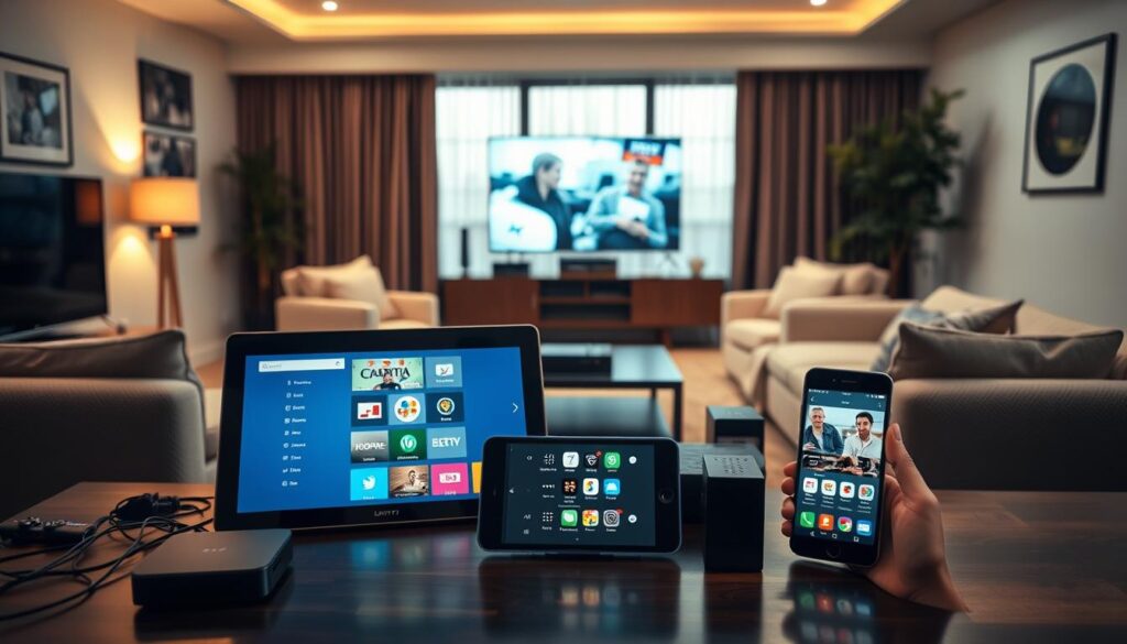 An indoor modern living room with multiple devices set up for Smart IPTV installation. In the foreground, a sleek smart TV shows an interactive interface, surrounded by a tablet and a smartphone displaying streaming apps. In the middle, a stylish media console holds a set-top box and cozy seating invites viewers to relax. The background features a large window with soft natural light streaming in, enhancing the inviting atmosphere. The mood is busy yet organized, reflecting the efficiency of the installation process. The scene is captured from a slightly elevated angle, ensuring all devices are visible, while maintaining a warm and professional vibe. Focused soft lighting highlights the screens and devices, creating a tech-savvy environment. An indoor modern living room with multiple devices set up for Smart IPTV installation. In the foreground, a sleek smart TV shows an interactive interface, surrounded by a tablet and a smartphone displaying streaming apps. In the middle, a stylish media console holds a set-top box and cozy seating invites viewers to relax. The background features a large window with soft natural light streaming in, enhancing the inviting atmosphere. The mood is busy yet organized, reflecting the efficiency of the installation process. The scene is captured from a slightly elevated angle, ensuring all devices are visible, while maintaining a warm and professional vibe. Focused soft lighting highlights the screens and devices, creating a tech-savvy environment.