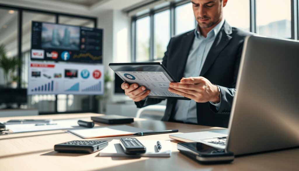 An informative and visually appealing image depicting expert advice on testing an IPTV subscription. In the foreground, a well-dressed professional holding a tablet, analyzing IPTV options, surrounded by charts and data visuals related to streaming services. In the middle ground, a desk cluttered with gadgets such as a remote control, a laptop, and a notepad filled with notes. In the background, a modern office setting with large windows allowing natural light to flood the space, casting soft shadows. The atmosphere is focused and insightful, conveying a sense of professionalism and expertise. The lighting is bright and inviting, highlighting the details of the equipment. The overall composition should evoke a feeling of motivation and readiness to explore IPTV solutions.
