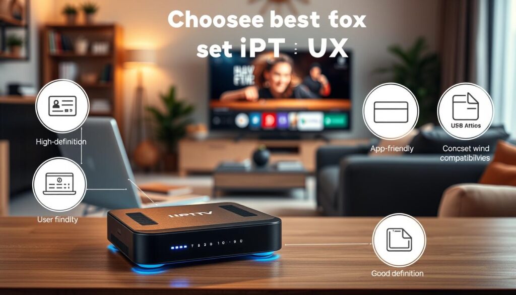 An informative and visually appealing image depicting the essential criteria for choosing the best IPTV box. In the foreground, showcase a sleek, modern IPTV box with glowing indicators, surrounded by key criterion icons like high-definition quality, user-friendly interface, wide app compatibility, and good customer reviews. In the middle ground, display a stylish, organized workspace with a laptop and a large high-definition screen streaming content. The background should feature a cozy living room atmosphere with warm lighting and soft furnishings, creating a welcoming feel. Use a shallow depth of field to emphasize the IPTV box and criteria icons while gently blurring the background. The overall mood should be modern and inviting, encouraging viewers to explore their IPTV options. An informative and visually appealing image depicting the essential criteria for choosing the best IPTV box. In the foreground, showcase a sleek, modern IPTV box with glowing indicators, surrounded by key criterion icons like high-definition quality, user-friendly interface, wide app compatibility, and good customer reviews. In the middle ground, display a stylish, organized workspace with a laptop and a large high-definition screen streaming content. The background should feature a cozy living room atmosphere with warm lighting and soft furnishings, creating a welcoming feel. Use a shallow depth of field to emphasize the IPTV box and criteria icons while gently blurring the background. The overall mood should be modern and inviting, encouraging viewers to explore their IPTV options.