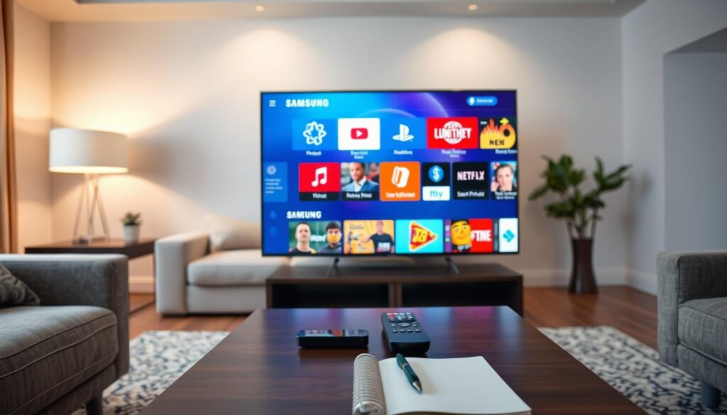 An informative and visually striking comparison of paid IPTV applications on a Samsung television. In the foreground, showcase a sleek Samsung smart TV displaying a vibrant interface with various IPTV app icons such as logos and user-friendly layouts, highlighting their unique features. In the middle, include a stylish coffee table with remote controls and a notebook, suggesting a casual tech review environment. The background features a modern living room setting with soft, inviting lighting that emphasizes a cozy atmosphere. The scene should capture a sense of exploration and comparison, facilitating a thoughtful examination of IPTV options. Use a wide-angle lens perspective to create depth, enhancing the focus on the television screen while maintaining a balanced composition throughout the image.