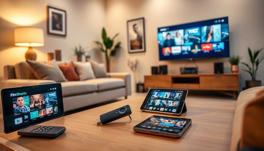 An inviting living room showcasing multi-device IPTV compatibility. In the foreground, a sleek Smart TV displays vivid 4K content, with a modern remote beside it. In the middle, a cozy couch is surrounded by a Fire Stick connected to an elegant home theater system, while a tablet and smartphone sit on a stylish coffee table, showcasing various IPTV applications. The background features soft ambient lighting creating a warm atmosphere, with decorative elements like plants and artwork enhancing the scene. The angle captures the room from a slightly elevated perspective to emphasize the devices’ functionality. Overall, the image conveys a sense of comfort and technological sophistication, perfect for illustrating multi-device compatibility. An inviting living room showcasing multi-device IPTV compatibility. In the foreground, a sleek Smart TV displays vivid 4K content, with a modern remote beside it. In the middle, a cozy couch is surrounded by a Fire Stick connected to an elegant home theater system, while a tablet and smartphone sit on a stylish coffee table, showcasing various IPTV applications. The background features soft ambient lighting creating a warm atmosphere, with decorative elements like plants and artwork enhancing the scene. The angle captures the room from a slightly elevated perspective to emphasize the devices’ functionality. Overall, the image conveys a sense of comfort and technological sophistication, perfect for illustrating multi-device compatibility.