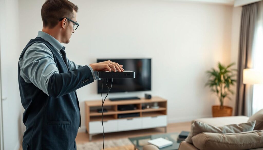 An organized and efficient living room setup where a person in professional attire is installing an IPTV subscription on a modern flat-screen TV. In the foreground, the individual is seen connecting a sleek IPTV box to the television and managing cables neatly. The middle ground features a stylish entertainment unit with various electronics and a cozy sofa. The background showcases a well-lit room with subtle ambient lighting, creating a welcoming atmosphere. Soft natural light enters through a window, enhancing the ambiance. The scene captures a sense of quick, easy technology setup, embodying a focus on practicality and user-friendliness. An organized and efficient living room setup where a person in professional attire is installing an IPTV subscription on a modern flat-screen TV. In the foreground, the individual is seen connecting a sleek IPTV box to the television and managing cables neatly. The middle ground features a stylish entertainment unit with various electronics and a cozy sofa. The background showcases a well-lit room with subtle ambient lighting, creating a welcoming atmosphere. Soft natural light enters through a window, enhancing the ambiance. The scene captures a sense of quick, easy technology setup, embodying a focus on practicality and user-friendliness.