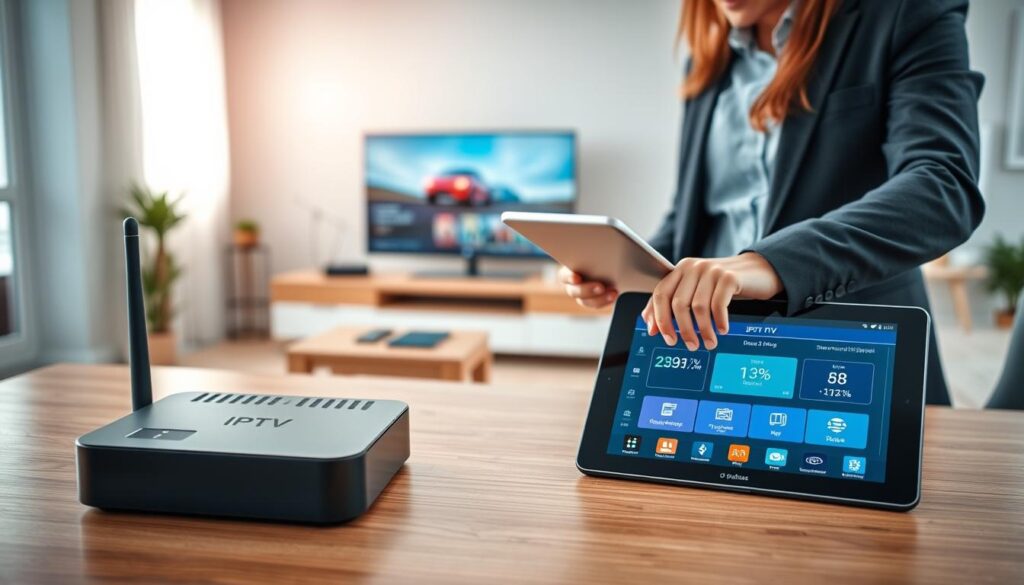 An organized workspace featuring an IPTV WiFi box prominently displayed on a sleek, polished wooden desk. In the foreground, beside the IPTV box, there is a modern tablet showing streaming statistics, with vibrant app icons. The middle background reveals a well-lit room with a stylish entertainment center, showcasing a large flat-screen TV. Soft diffused natural light streams in through a nearby window, creating a warm and inviting atmosphere. The overall color palette includes soft blues and warm wood tones. The image captures a sense of optimization and efficiency, evoking a mood of innovation and practicality, ideal for enhancing IPTV quality. A professional person in smart casual attire adjusts the settings on the tablet, symbolizing hands-on engagement with technology. An organized workspace featuring an IPTV WiFi box prominently displayed on a sleek, polished wooden desk. In the foreground, beside the IPTV box, there is a modern tablet showing streaming statistics, with vibrant app icons. The middle background reveals a well-lit room with a stylish entertainment center, showcasing a large flat-screen TV. Soft diffused natural light streams in through a nearby window, creating a warm and inviting atmosphere. The overall color palette includes soft blues and warm wood tones. The image captures a sense of optimization and efficiency, evoking a mood of innovation and practicality, ideal for enhancing IPTV quality. A professional person in smart casual attire adjusts the settings on the tablet, symbolizing hands-on engagement with technology.