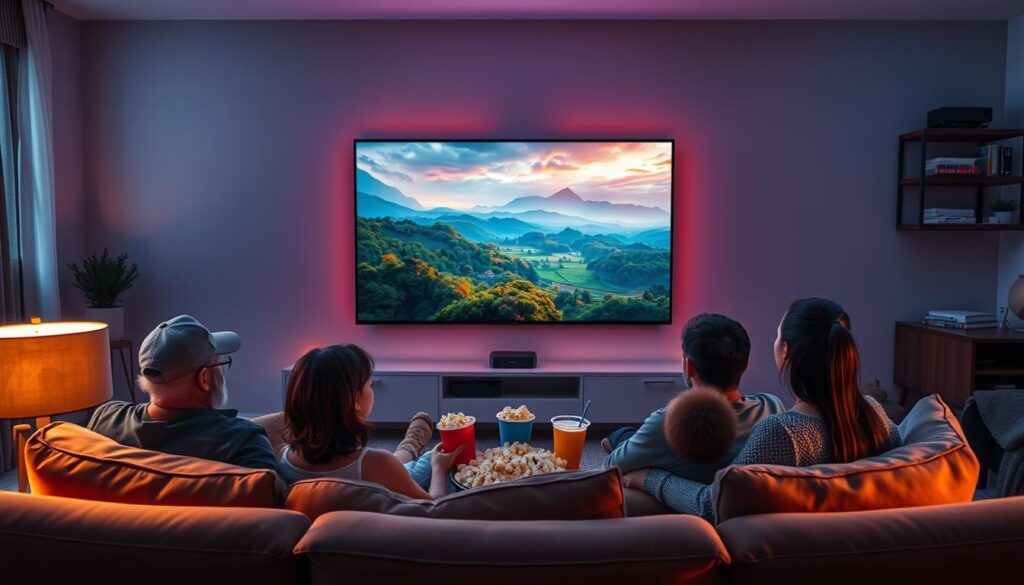 An ultra-high-definition living room scene showcasing a family enjoying a movie night with a large 4K TV displaying vibrant colors and crystal-clear images. In the foreground, a cozy couch with a family seated comfortably, dressed in casual attire, is surrounded by popcorn and drinks, creating a warm atmosphere. The middle features the large screen, radiating rich imagery of a cinematic landscape, filled with lush greens and vivid blues that emphasize the incredible picture quality. Soft ambient lighting illuminates the room, with a gentle glow from stylish lamps. In the background, hints of modern decor provide a sophisticated touch, while a tasteful wall-mounted shelf holds streaming devices, emphasizing the reliability of IPTV services. The overall mood is inviting and family-friendly, reflecting the joy of premium viewing experiences. An ultra-high-definition living room scene showcasing a family enjoying a movie night with a large 4K TV displaying vibrant colors and crystal-clear images. In the foreground, a cozy couch with a family seated comfortably, dressed in casual attire, is surrounded by popcorn and drinks, creating a warm atmosphere. The middle features the large screen, radiating rich imagery of a cinematic landscape, filled with lush greens and vivid blues that emphasize the incredible picture quality. Soft ambient lighting illuminates the room, with a gentle glow from stylish lamps. In the background, hints of modern decor provide a sophisticated touch, while a tasteful wall-mounted shelf holds streaming devices, emphasizing the reliability of IPTV services. The overall mood is inviting and family-friendly, reflecting the joy of premium viewing experiences.
