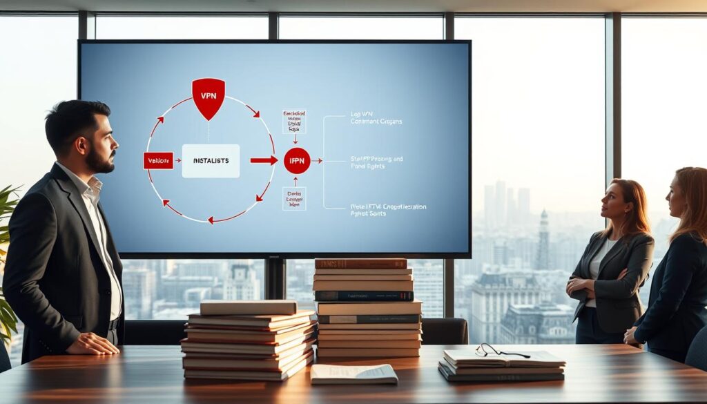 A contemporary office setting with a large monitor displaying a stylized VPN diagram, illustrating the legal aspects of using IPTV services. In the foreground, a diverse group of three professionals—two men and one woman—are engaged in a discussion, dressed in smart business attire. The middle section features stacks of legal documents and books related to digital rights, subtly indicating the complexity of regulations surrounding VPN and IPTV usage. The background shows a city skyline through a large window, bathed in soft, natural light to create a professional yet inviting atmosphere. The image should convey a serious but approachable mood, emphasizing responsibility and compliance in digital content access. A contemporary office setting with a large monitor displaying a stylized VPN diagram, illustrating the legal aspects of using IPTV services. In the foreground, a diverse group of three professionals—two men and one woman—are engaged in a discussion, dressed in smart business attire. The middle section features stacks of legal documents and books related to digital rights, subtly indicating the complexity of regulations surrounding VPN and IPTV usage. The background shows a city skyline through a large window, bathed in soft, natural light to create a professional yet inviting atmosphere. The image should convey a serious but approachable mood, emphasizing responsibility and compliance in digital content access.