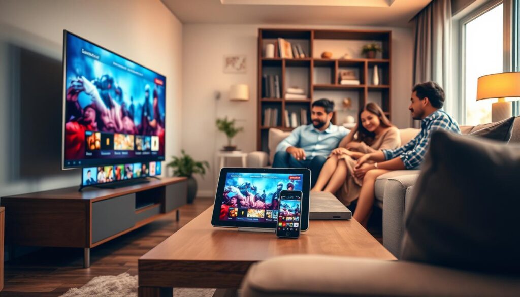 A cozy modern living room scene, showcasing the concept of multi-device IPTV compatibility. In the foreground, a sleek smart TV displays vibrant streaming content, while a tablet and smartphone on a coffee table feature the same IPTV service, all connected wirelessly. The middle ground includes a comfortable couch with a family sitting together, dressed in casual, modest clothing, enjoying their time. The background features a softly lit bookshelf adorned with decorative items, and a large window letting in warm natural light. The atmosphere evokes relaxation and enjoyment, emphasizing the ease of accessing IPTV on various devices. The image captures a dynamic angle, highlighting both the technology and the family interaction, without any text or watermarks.
