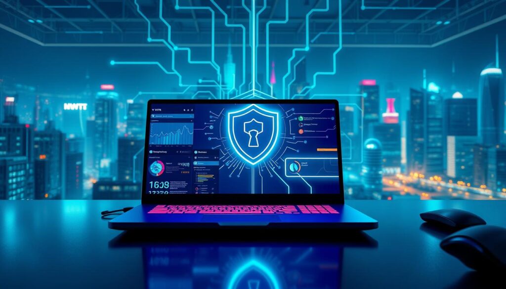 A cyberpunk-styled digital landscape showcasing the concept of VPN and IPTV security. In the foreground, a sleek, modern computer desk with a glowing laptop, displaying security analytics and streaming interfaces, exuding a sense of high-tech sophistication. The middle ground features a digital shield symbolizing protection, surrounded by glowing network lines and secure data streams. The background is filled with subtle hints of a tech cityscape at night, illuminated by vibrant neon lights, creating a futuristic and safe atmosphere. Soft blue and green lighting enhances the feeling of security and innovation. The overall mood is one of empowerment and security, emphasizing the importance of safeguarding digital content. A cyberpunk-styled digital landscape showcasing the concept of VPN and IPTV security. In the foreground, a sleek, modern computer desk with a glowing laptop, displaying security analytics and streaming interfaces, exuding a sense of high-tech sophistication. The middle ground features a digital shield symbolizing protection, surrounded by glowing network lines and secure data streams. The background is filled with subtle hints of a tech cityscape at night, illuminated by vibrant neon lights, creating a futuristic and safe atmosphere. Soft blue and green lighting enhances the feeling of security and innovation. The overall mood is one of empowerment and security, emphasizing the importance of safeguarding digital content.