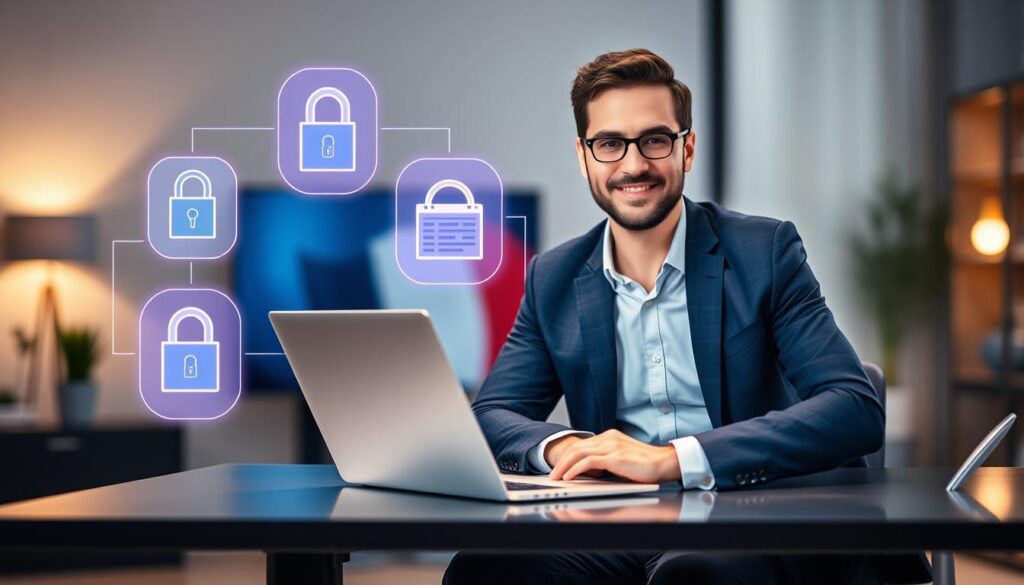 A modern and secure setting symbolizing IPTV subscription safety in France. In the foreground, a professional businessperson in smart casual attire is sitting at a sleek desk with a laptop open, showing a streaming service interface. The middle layer features digital security icons like a padlock, firewall, and encrypted data in a glowing effect, illustrating online protection. The background includes a subtle French flag motif, indicating the location, with soft, ambient lighting creating a warm atmosphere. The focus is sharp on the subject, with a slight bokeh effect on the background to emphasize the theme of security and reliability in IPTV usage. The overall mood is confident, informative, and professional.