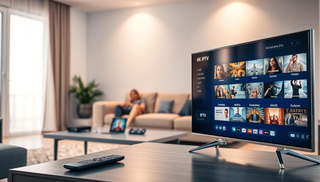 A modern living room environment showcasing a sleek 4K IPTV setup. In the foreground, a stylish television displaying the interface of an IPTV service, highlighting features such as live streaming, video on demand, and multiple device compatibility. A remote control lies casually on the contemporary coffee table. In the middle, an inviting sofa surrounded by digital devices like a tablet and smartphone, all showing diverse channels. The background features soft ambient lighting, emphasizing a warm and cozy atmosphere. Use a wider lens angle to capture the space, with a focus on natural light filtering through a window, creating an engaging and vibrant scene that reflects the essential features of a reliable 4K IPTV subscription.