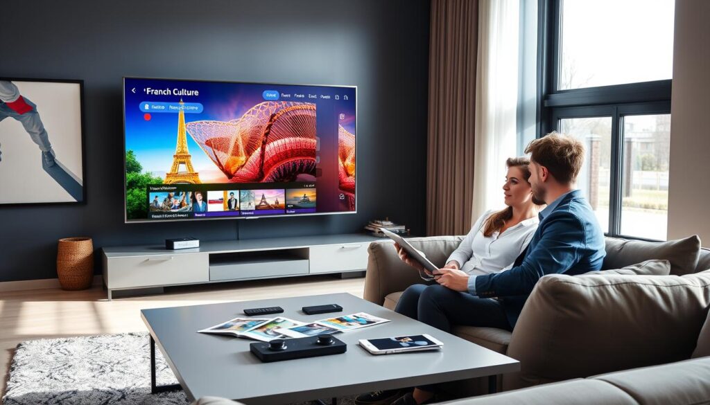 A modern living room setting showcasing a large flat-screen TV displaying vibrant IPTV content related to French culture in 2026. In the foreground, a young professional couple, dressed in smart casual attire, is seated on a sleek sofa, engaged in discussion while holding a tablet. The middle ground features a sleek coffee table with tech gadgets and IPTV subscription brochures. The background is decorated with contemporary art and a large window allowing natural light to illuminate the scene, creating a warm and inviting atmosphere. The composition is captured from a slightly elevated angle to emphasize both the couple's interaction and the IPTV interface on the screen, enhancing the mood of discovery and reliability in selecting the best IPTV service. A modern living room setting showcasing a large flat-screen TV displaying vibrant IPTV content related to French culture in 2026. In the foreground, a young professional couple, dressed in smart casual attire, is seated on a sleek sofa, engaged in discussion while holding a tablet. The middle ground features a sleek coffee table with tech gadgets and IPTV subscription brochures. The background is decorated with contemporary art and a large window allowing natural light to illuminate the scene, creating a warm and inviting atmosphere. The composition is captured from a slightly elevated angle to emphasize both the couple's interaction and the IPTV interface on the screen, enhancing the mood of discovery and reliability in selecting the best IPTV service.