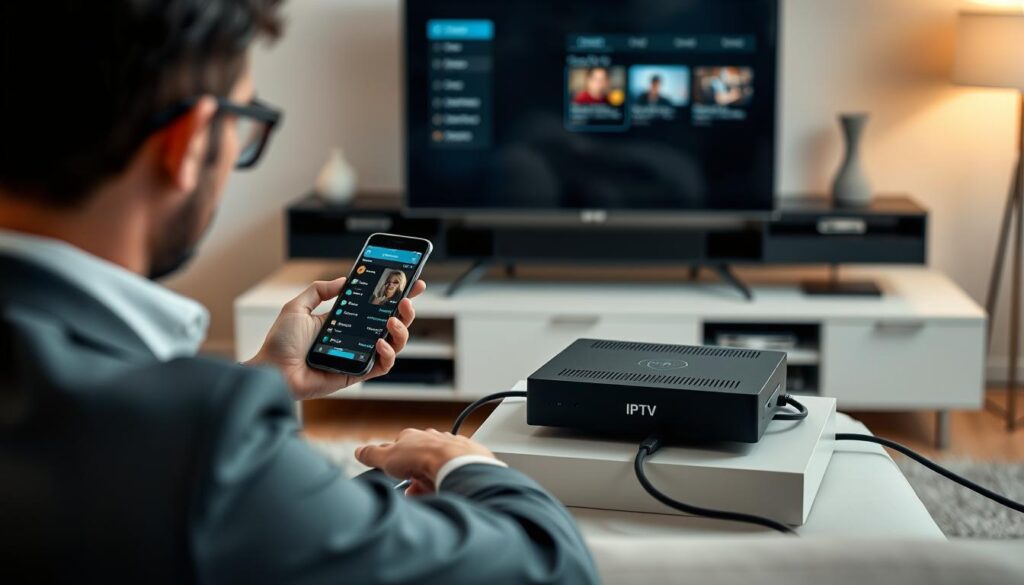 A modern living room setup featuring a sleek IPTV box connected to a large flat-screen TV. In the foreground, a person in smart casual attire is sitting on a comfortable couch, using a smartphone to navigate IPTV settings, embodying a sense of ease and engagement. The middle layer includes neatly arranged cables and a stylish entertainment center, showcasing a few decorative items that highlight a cozy atmosphere. In the background, soft, warm lighting illuminates the space, creating a welcoming ambiance. Use a slightly blurred effect on the background to keep focus on the IPTV setup and the person configuring it, capturing a moment of simplified installation and user satisfaction. A modern living room setup featuring a sleek IPTV box connected to a large flat-screen TV. In the foreground, a person in smart casual attire is sitting on a comfortable couch, using a smartphone to navigate IPTV settings, embodying a sense of ease and engagement. The middle layer includes neatly arranged cables and a stylish entertainment center, showcasing a few decorative items that highlight a cozy atmosphere. In the background, soft, warm lighting illuminates the space, creating a welcoming ambiance. Use a slightly blurred effect on the background to keep focus on the IPTV setup and the person configuring it, capturing a moment of simplified installation and user satisfaction.