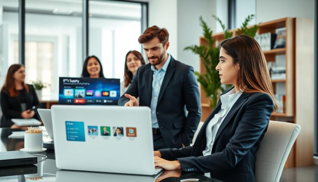 A modern office environment featuring a diverse group of professional individuals engaged in a discussion about IPTV support and updates. In the foreground, a woman in smart business attire, sitting at a sleek desk, is focused on a laptop with an IPTV interface displayed on the screen. In the middle ground, a man in smart casual clothing is pointing to a digital device that shows streaming options. The background features large windows letting in natural light, with shelves of technology books and a potted plant providing a fresh atmosphere. The overall mood is lively and collaborative, emphasizing a sense of professionalism and responsive service.