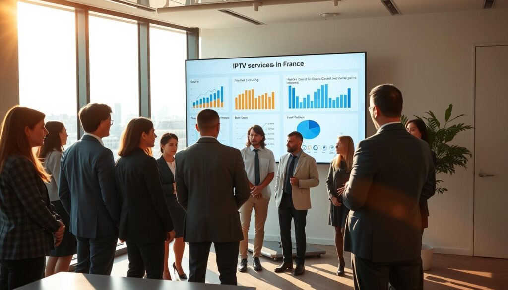A modern office setting infused with an aura of trust and clarity. In the foreground, a diverse group of professionals engaged in a discussion, all dressed in smart business attire, exuding confidence and collaboration. The middle ground features a large screen displaying graphs and charts about IPTV services in France, emphasizing security and clear policies. The background reveals large windows with a view of the Paris skyline, bathed in warm, natural sunlight, creating a vibrant and inviting atmosphere. Soft shadows and a balanced lighting scheme enhance the professional mood. The overall composition should reflect an atmosphere of reliability and professionalism, embodying the themes of security and clarity in the context of IPTV services. A modern office setting infused with an aura of trust and clarity. In the foreground, a diverse group of professionals engaged in a discussion, all dressed in smart business attire, exuding confidence and collaboration. The middle ground features a large screen displaying graphs and charts about IPTV services in France, emphasizing security and clear policies. The background reveals large windows with a view of the Paris skyline, bathed in warm, natural sunlight, creating a vibrant and inviting atmosphere. Soft shadows and a balanced lighting scheme enhance the professional mood. The overall composition should reflect an atmosphere of reliability and professionalism, embodying the themes of security and clarity in the context of IPTV services.