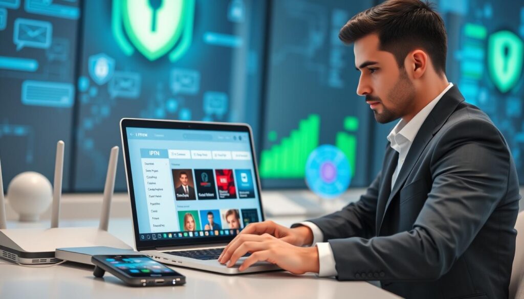 A sleek, modern digital workspace featuring a laptop displaying a VPN interface and IPTV options on the screen. In the foreground, there is a professional individual, dressed in smart casual attire, focused intently on the laptop. Surrounding the workspace are subtle elements like a smartphone with a streaming app, a high-tech router with indicators lit up, and some colorful charts or graphs to represent security analysis. The middle ground includes a soft glow of blue and green lights to symbolize technology and security. The background remains slightly blurred with abstract representations of a secure digital environment, evoking a sense of safety and connectivity. The overall mood is professional yet inviting, highlighting the importance of security in digital streaming. The lighting is bright and engaging, creating a hopeful and modern atmosphere. A sleek, modern digital workspace featuring a laptop displaying a VPN interface and IPTV options on the screen. In the foreground, there is a professional individual, dressed in smart casual attire, focused intently on the laptop. Surrounding the workspace are subtle elements like a smartphone with a streaming app, a high-tech router with indicators lit up, and some colorful charts or graphs to represent security analysis. The middle ground includes a soft glow of blue and green lights to symbolize technology and security. The background remains slightly blurred with abstract representations of a secure digital environment, evoking a sense of safety and connectivity. The overall mood is professional yet inviting, highlighting the importance of security in digital streaming. The lighting is bright and engaging, creating a hopeful and modern atmosphere.