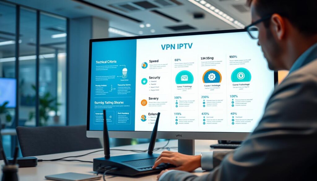 A sleek, modern workspace featuring a large computer screen displaying a visually appealing infographic related to VPN IPTV technical criteria. In the foreground, a professional individual in business attire is analyzing the data, focusing on elements like speed, security, and server locations. The middle layer includes a stylish desk with tech gadgets such as a router, and network cables harmoniously arranged. The background showcases a high-tech office with ambient lighting, soft hues of blue and green, creating a calm yet innovative atmosphere. The lens captures a slightly angled view to emphasize the workspace’s functionality and organization, highlighting the importance of choosing the right VPN for IPTV streaming. The overall mood is professional, modern, and informative. A sleek, modern workspace featuring a large computer screen displaying a visually appealing infographic related to VPN IPTV technical criteria. In the foreground, a professional individual in business attire is analyzing the data, focusing on elements like speed, security, and server locations. The middle layer includes a stylish desk with tech gadgets such as a router, and network cables harmoniously arranged. The background showcases a high-tech office with ambient lighting, soft hues of blue and green, creating a calm yet innovative atmosphere. The lens captures a slightly angled view to emphasize the workspace’s functionality and organization, highlighting the importance of choosing the right VPN for IPTV streaming. The overall mood is professional, modern, and informative.