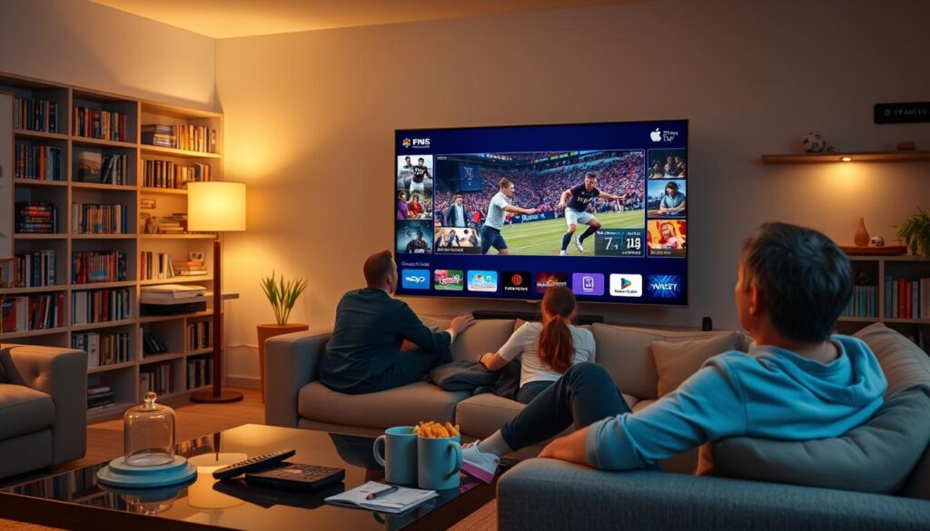 A visually rich scene showcasing a cozy living room with a large flat-screen television prominently displayed, streaming a vibrant collage of channels representing films, series, and sports. In the foreground, a stylish coffee table with remote controls and snacks invites relaxation. The middle ground features a plush sofa occupied by two individuals, dressed in casual, professional attire, engaged in watching a thrilling sports event. The background includes shelves filled with DVD collections and streaming device logos, hinting at a diverse viewing experience. Soft, warm lighting creates an inviting atmosphere, enhancing the feeling of comfort and excitement. The angle is slightly angled from above, capturing both the screen's content and the viewers' engaged expressions. A visually rich scene showcasing a cozy living room with a large flat-screen television prominently displayed, streaming a vibrant collage of channels representing films, series, and sports. In the foreground, a stylish coffee table with remote controls and snacks invites relaxation. The middle ground features a plush sofa occupied by two individuals, dressed in casual, professional attire, engaged in watching a thrilling sports event. The background includes shelves filled with DVD collections and streaming device logos, hinting at a diverse viewing experience. Soft, warm lighting creates an inviting atmosphere, enhancing the feeling of comfort and excitement. The angle is slightly angled from above, capturing both the screen's content and the viewers' engaged expressions.